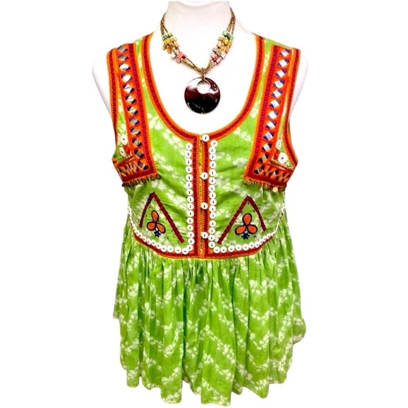 Indigo Moon Peplum Embroidered Coin Button Blouse - Picture 2 of 6